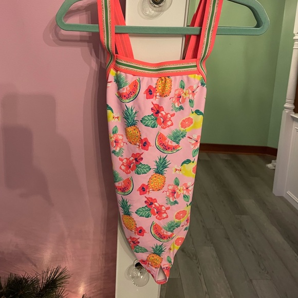 🍍Sunuva🍍One Piece Pink Aloha Glitter Trim Floral Swimsuit Girl Size 11-12 - Picture 5 of 5